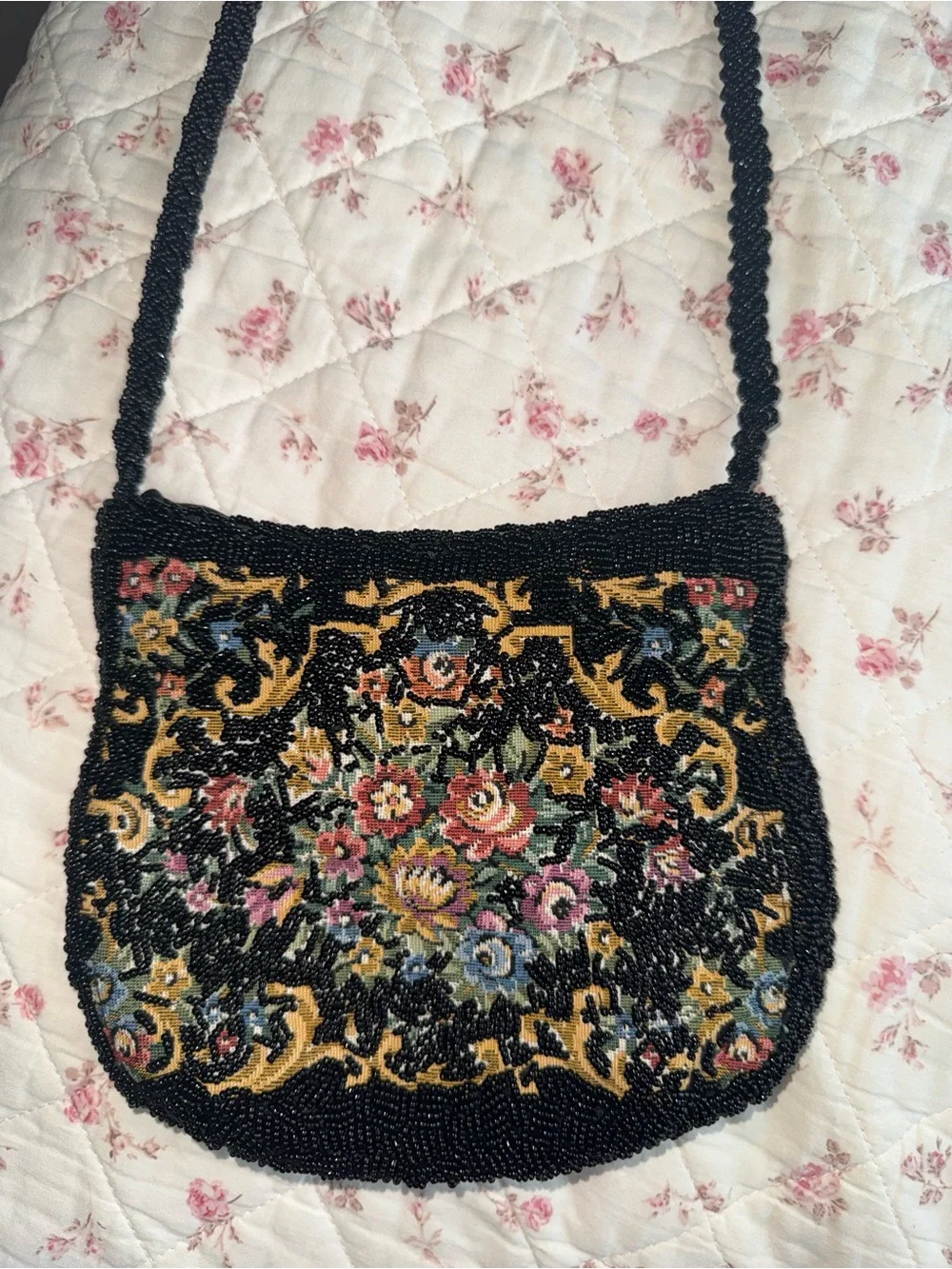 Vintage Stacy’s Beaded Floral Shoulder Bag in Black with Multicolor Embroidery